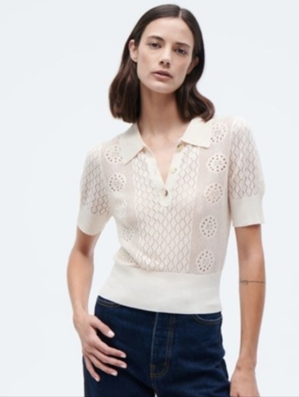 FIGUE Camilla Short Sleeve Polo Sweater Top In Shell (Beige) Size XS